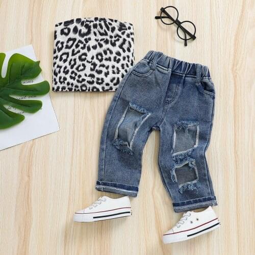FOCUSNORM Summer Fashion Kids Girls 2pcs Clothes Sets 1-6Y Leopard Printed Strap Sleeveless Vest Tops Hole Denim Pants