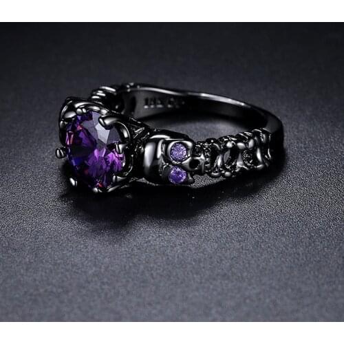 Gothic Skull Rings for Women Punk Purple Zircon Black Gold Color Men Ring Halloween Gifts Wholesale Retro Jewellry Fashion R523