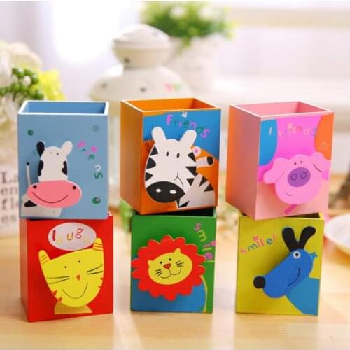 Kawaii Animal Wooden Pen Holder For Kids Desk Storage Container Box Pencil Organizer Case Stationery Chidlrens Birthday Gift