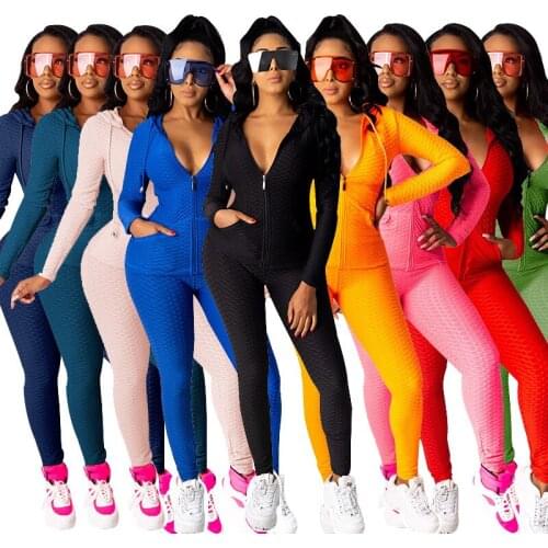 Echoine Women Autumn Solid Waffle fabric Sportwear Sets Zipper Hoodies Pants Set Tracksuit Two Piece set Outfit Active Sweatsuit