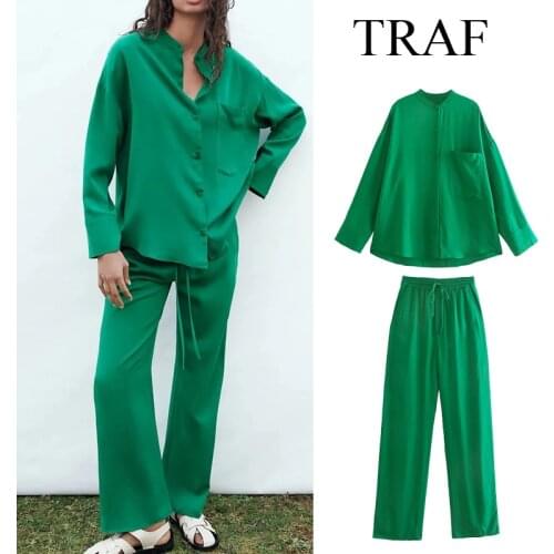 TRAF Za 2021 Womens Blouse Green Shirt Set Tracksuit Set Oversized Shirt 2 Pieces Sets Blouse High Waist Elastic Pants Suits