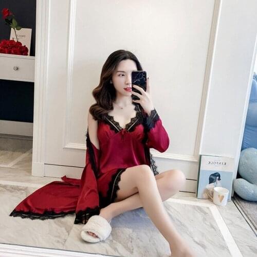 Pink Summer Night Robe Sexy Women 2PC Strap Top Suit Sleepwear Sets Casual Pajamas Home Wear Nightwear Sleep Kimono Bath Gown