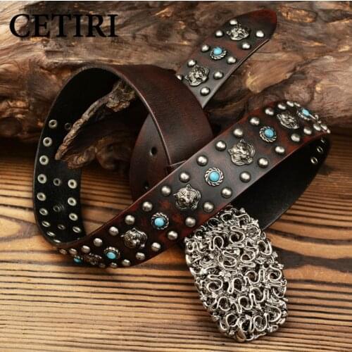 100% Top Grain Genuine Leather Denim Belt Buckle Vintage Metal Rivet Punk Wide Belt Men Punk Rock Jeans Belt Snake Buckle