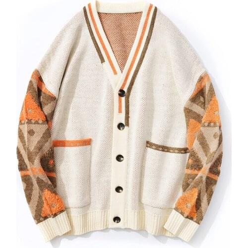 Mens Sweaters Winter Clothes Contrast Color Loose V Neck Knit Cardigan Thick Sweater Casual Top Man Jacket Trend Outerwear