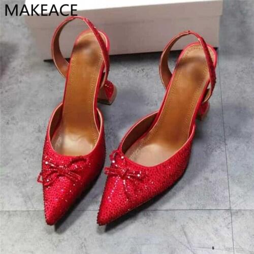 New Spring Red Crystal Women Sandals Rhinestone Bowtie Slingback Shoes Pointy Strange Heel Party Wedding Shoes Woman 2021 Mujer