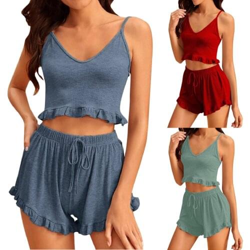 Fashion Women Sleepwear V-Neck Sleeveless Solid Home Wear Two Pieces Pajamas Sets Sexy Elastic Waist Night Clothing Пижамы