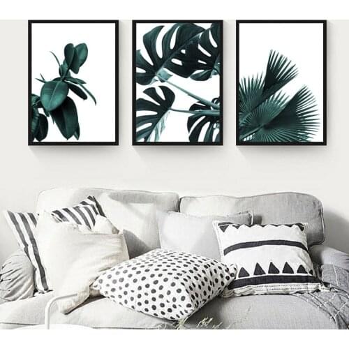 Watercolor Plant Leaves Poster Print Landscape Wall Art Teal Canvas Painting Picture for Living Room Home Decor Palm Decoration