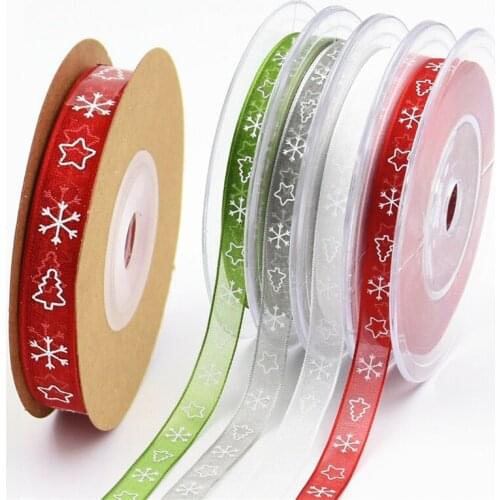 Christmas Series Organza Ribbon White Snowflake Printing Christmas Tree Ribbon For DIY Crafts New Year Xmas Gifts Wrapping Decor