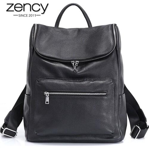Zency Unisex Backpack 100% Genuine Leather Large Capacity Travel Outdoor Bag Classic Black Big Knapsack High Quality Schoolbag