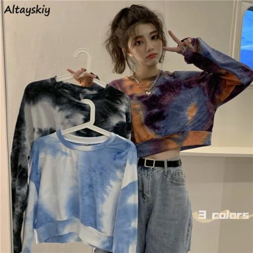 Sweatshirts Women Tie-dyed Design All-match Daily Korean Style Oversized Fashion Pullovers Leisure O-Neck Simple Hoodies Cropped