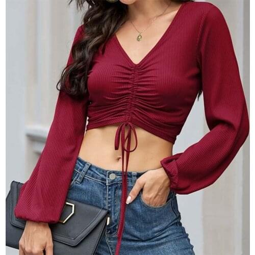 Long Sleeve Crop Tops Women Fashion Ribbed Knitted Shirring V Neck T Shirt Casual Streetwear T Shirt Slim Sexy Tee Shirt Femme