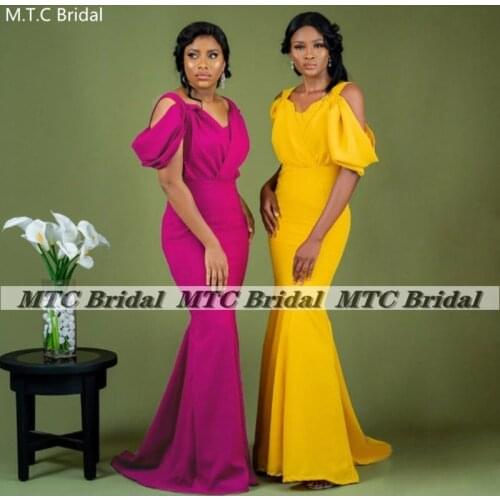 Yellow Gold Mermaid African Bridesmaid Dresses 2021 New V Neck Corset Black Girls Formal Gowns For Wedding Party Wholesale