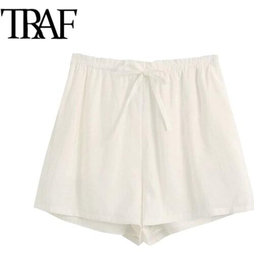 TRAF Women Fashion With Drawstring Shorts Vintage High Elastic Waist Side Pockets Female Short Pants Pantalones Cortos