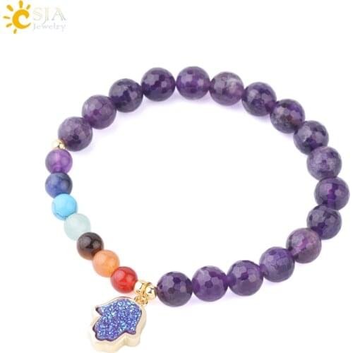 CSJA 8mm Natural Crystal Quartz Bracelets Mixed 6mm 7 Chakra Stones Hamsa Hand Charms Bracelet for Women Reiki Yoga Jewelry F702