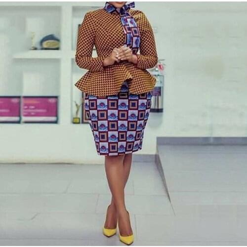 African Print 2 Piece Skirt Sets Women Blouse & Skirts Bodycon High Waisted Knee Length Fashion Elegant Outfits Matching Sets OL