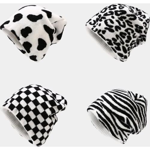 Winter Warm Panama Knitted Hats Unisex Acrylic Autumn Hip-Hop Skullies Beanie Caps Fashion Cow Plaid Pattern Hat For Women