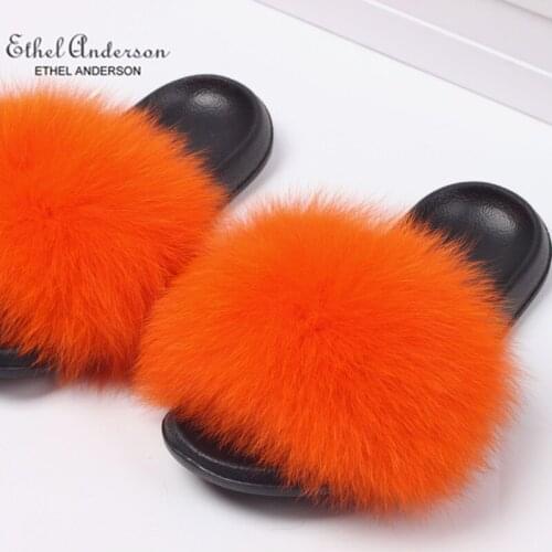 2019 Ethel Anderson Real Fox Fur Slippers Slides Vogue Summer Extra Large Fur Flip Flop Holiday Sandals Plus Size Shoes