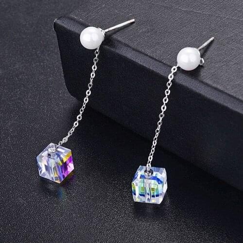 2021 SALE Fashion jewelry New square colorful crystal long pearl tassel earrings Female Crystal from Swarovskis For Women Simple
