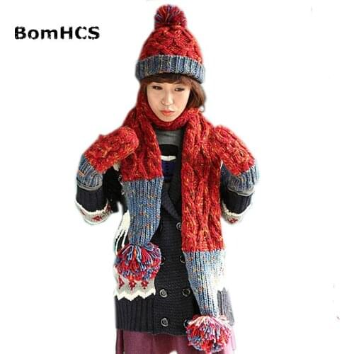 BomHCS 3 Pcs Suit Warm Winter Handmade Knit Gloves + Scarf + Hat Cute Two Colors Mosaic