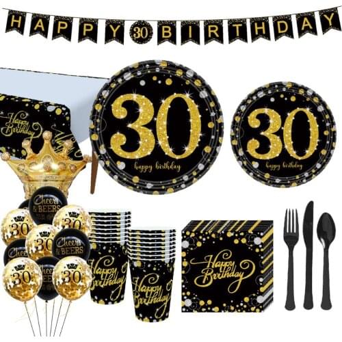 30th 40th 50thBlack Gold Birthday Cake Topper Bronzing Paper Plate Disposable Tableware Birthday Balloons Banner Decors Supplies
