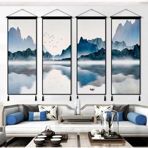 4pcs Chinese Style Landscapes Wall Art Canvas Painting Home Decor Prints Posters Pictures Scroll Painting Hanging Wall Tapestry