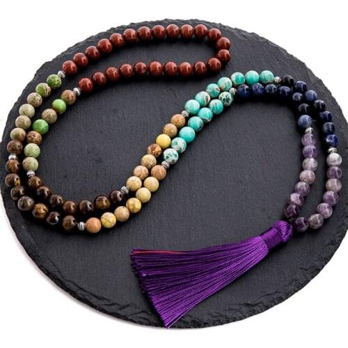8mm Natural Stone 7 Chakra Necklace Meditation Yoga Peace Spirit Jewelry 108 Japamala Beaded Rosary Tassel Pendant