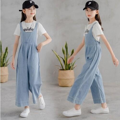 Kids Denim Overalls 2021 New Summer Girls Loose Jeans Teen Suspender Trousers Teenager Wide Lege Pants Clothes 5 To 17 Years