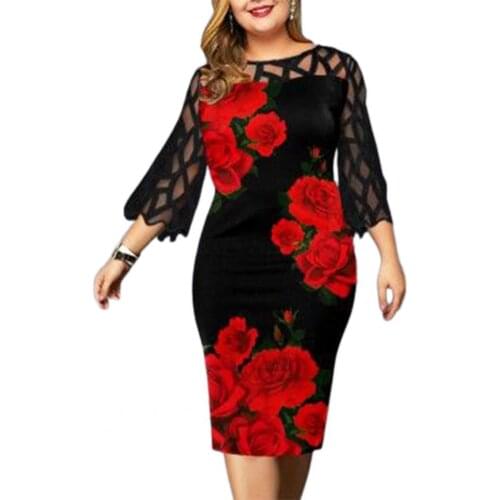 Plus Size Women Dress Elegant Digital Print Lace Patchwork Female Sundress 3/4 Sleeve O Neck Bodycon Women Dresses Party