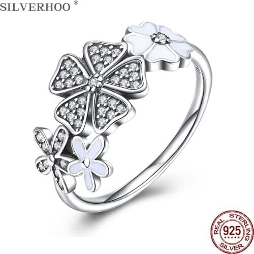 SILVERHOO Genuine 925 Sterling Silver Rings For Women Personality Vintage 5A+ Cubic Zirconia Flower Ring Female Fine Jewelry