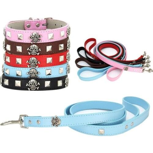 Cool Skull Dog Collar and Leash Set Pu Leather Pet Collars Dogs Walking Lead Leash for Small Large Dogs Pet Accessory