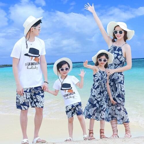 Summer Family Matching Outfits Mother Daughter Beach Long Straps Off-shoulder Dresses Dad Son T-shirt+Pants Couple Clothing