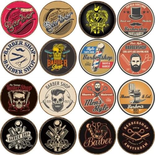 Metal Round Plate Barber Tattoo Shop Wall Plaques Retro Barber Tools Shave Decorative Tin Sign Pin Up Plate Poster Crafts Decor