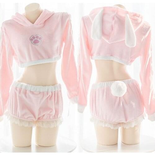 Pink Lovely Plush Homewear Sweet Lolita Hollow out Hooded Short Hoodies + Cute Ruffle Rabbit Tail Bead Shorts Pajamas Set