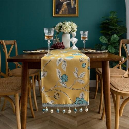 DUNXDECO Table Runner Party Long Table Cover Fabric Country Style Yellow Flora Leaf Jacquard Home Decorating Fabric Tablecloth