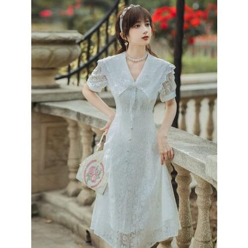 2021 Summer New Womens White Dress College Style Navy Collar Beaded Bowknot Dress Party Evening Daily Dress Lace Dress