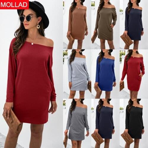 Fall 2021 Hot Sale Long Sleeve Loose and Simple off Shoulder Pocket Dress