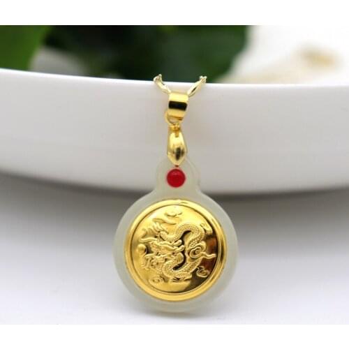 Vogue Design Round Dragons Playing with a Pearl Gold Inlaid Jade Pendants 24k Gold Necklace For Men Women Christmas Gift