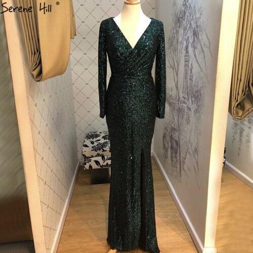 Dubai Green Sequined V-Neck Prom Dresses 2020 Luxury Long Sleeves Sparkle Prom Gowns Serene Hill BLA60970