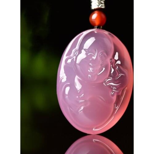 Natural Pink Chalcedony Hand Carved Maitreya Buddha Smile Buddha Pendant Fashion Jewelry Mens 925 Silver Inlaid Necklace