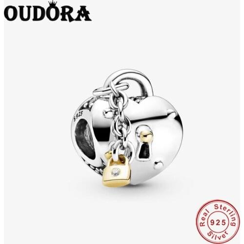 Real 925 Sterling Silver Two-Tone Heart and Lock Charm Fit Original Pandora Charms Bracelet Pendant Bead Women Jewelry Berloque
