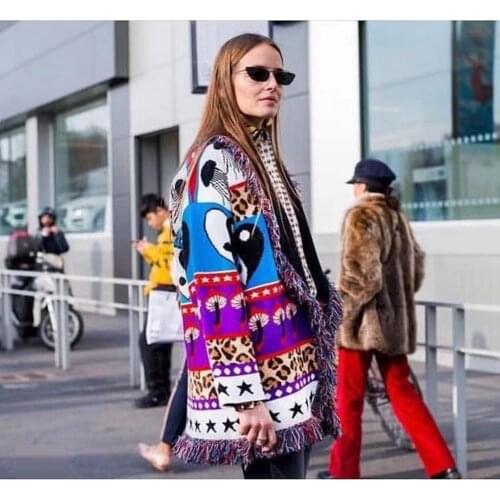 Spring New High Quality Women Jacquard Tassel V Neck Cashmere Cardigans Ladies Luxury Knitted Coat Sweater