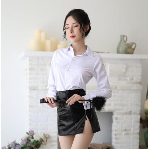 Sexy underwear low-cut V collar shirt PU skirt suit uniform temptation hot female teachers pure female secretary skirt