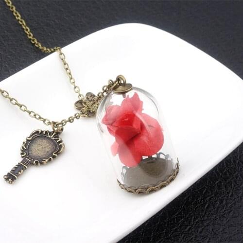 Glass Covers Dry Rose Flower Necklaces Butterfly Mirror Pendants Choker Keyring Film Jewelry Gift
