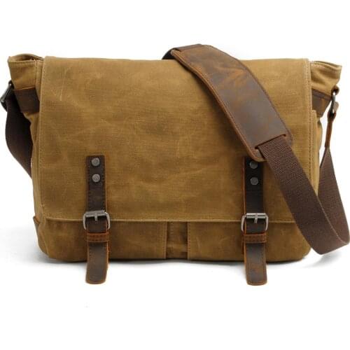 Men Vintage Crazy Horse Leather Strap Canvas Waterproof Crossbody Messenger Bag Male Leisure School Laptop Shoulder Bags for Boy
