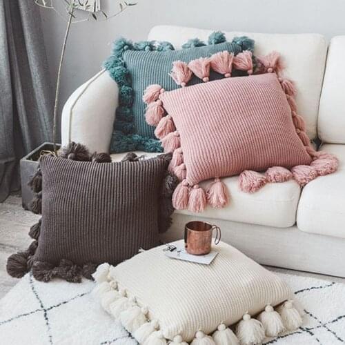 Knitted Cushion Cover Solid Nordic Pink Beige Pillow Case with Tassle For Sofa Bed Room Home Decorative 45*45cm