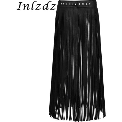 Womens Fashion Pole Dance Skirts Ladies Leather Adjustable Hippie Boho Waistband Long Fringe Tassel Skirt Belt Rave Clothes