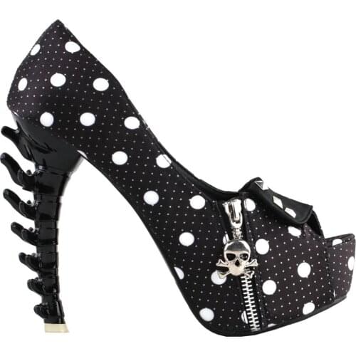 LF80624-2 Punk Black Skull Head Zip Peeptoe Platform Bone Heels Pumps