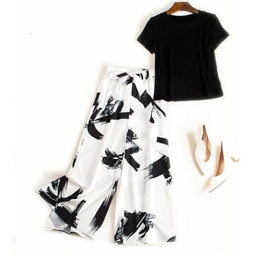 Womens suit 2019 new summer foreign casual shirt was thin chiffon wide leg nine pants two sets of wild womens clothing