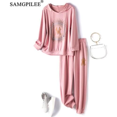 Women Tracksuit 2021 Full Sleeve Casual Pullover Hooded Collar Elastic Waist Ankle-length Print Full Pants Set Woman 2 Pieces