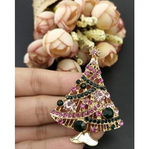 100pcs/ 54mm Gold Tone Holiday Festival Fashion Women Jewelry Pins Christmas Tree Pin Pink Green Rhinestone Crystal Pin Brooch